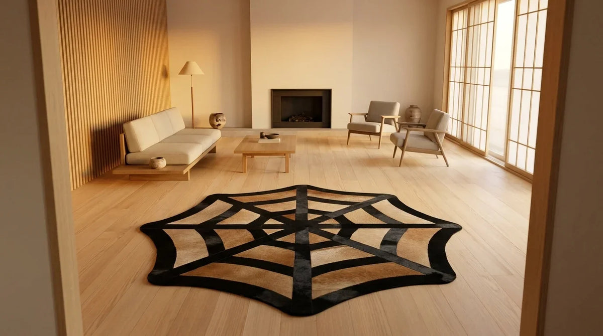 Tokyo minimalist tarzı oturma odasında siyah beyaz patchwork halı
