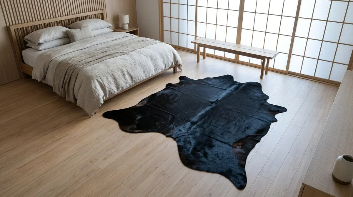 Kuhfell in Schwarz mit Einfarbig Schwarz im Schlafzimmer im minimalistischen Tokio-Stil