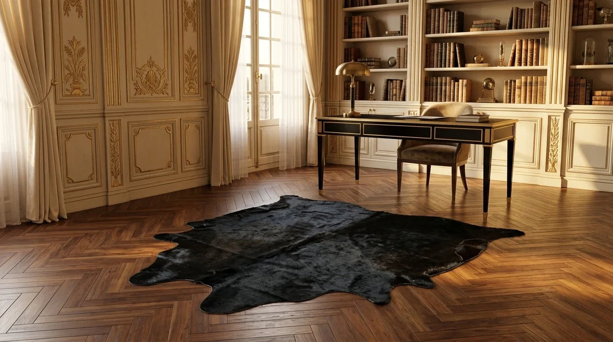Black cowhide rug under desk in Parisian Artdeco home office