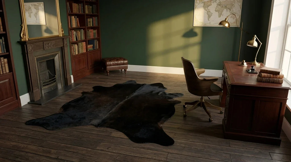 Black cowhide rug under desk in london townhouse home office