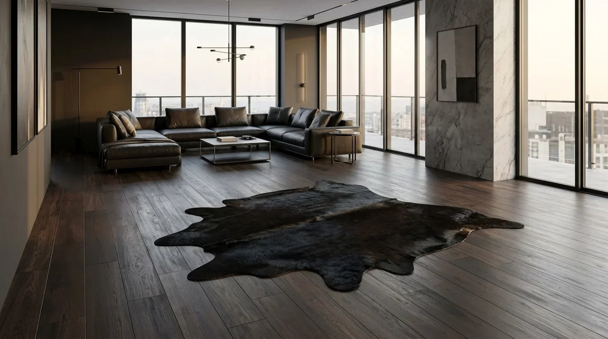 Black cowhide rug on hardwood floor in milano penthouse living room