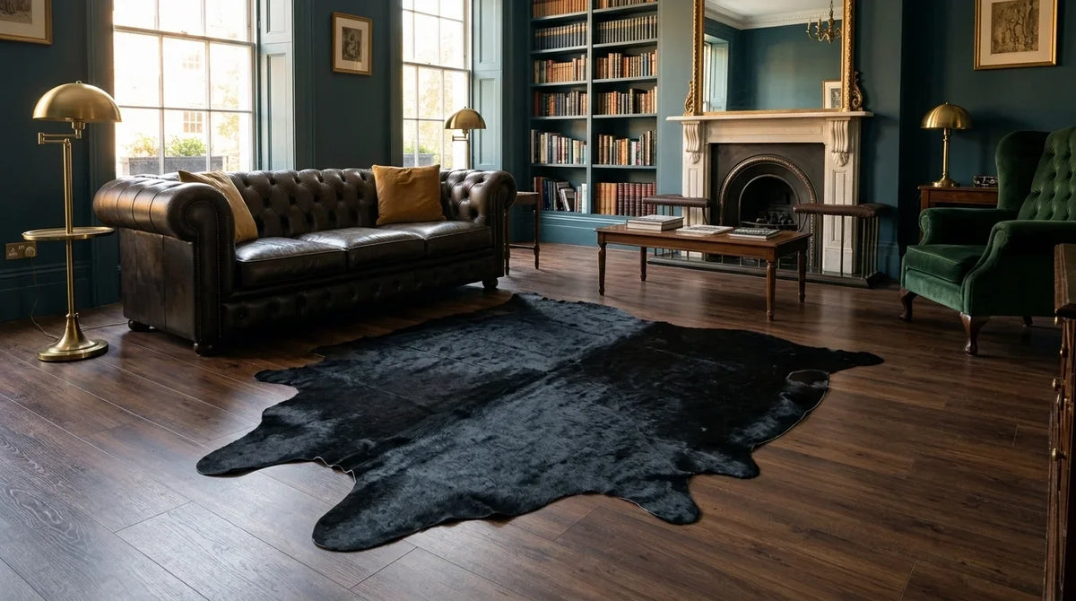 Black cowhide rug on hardwood floor in London Townhouse living room