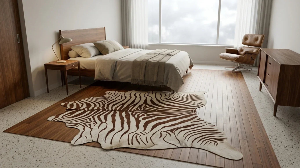 Brown and White cowhide rug beside bed in midcentury modern bedroom