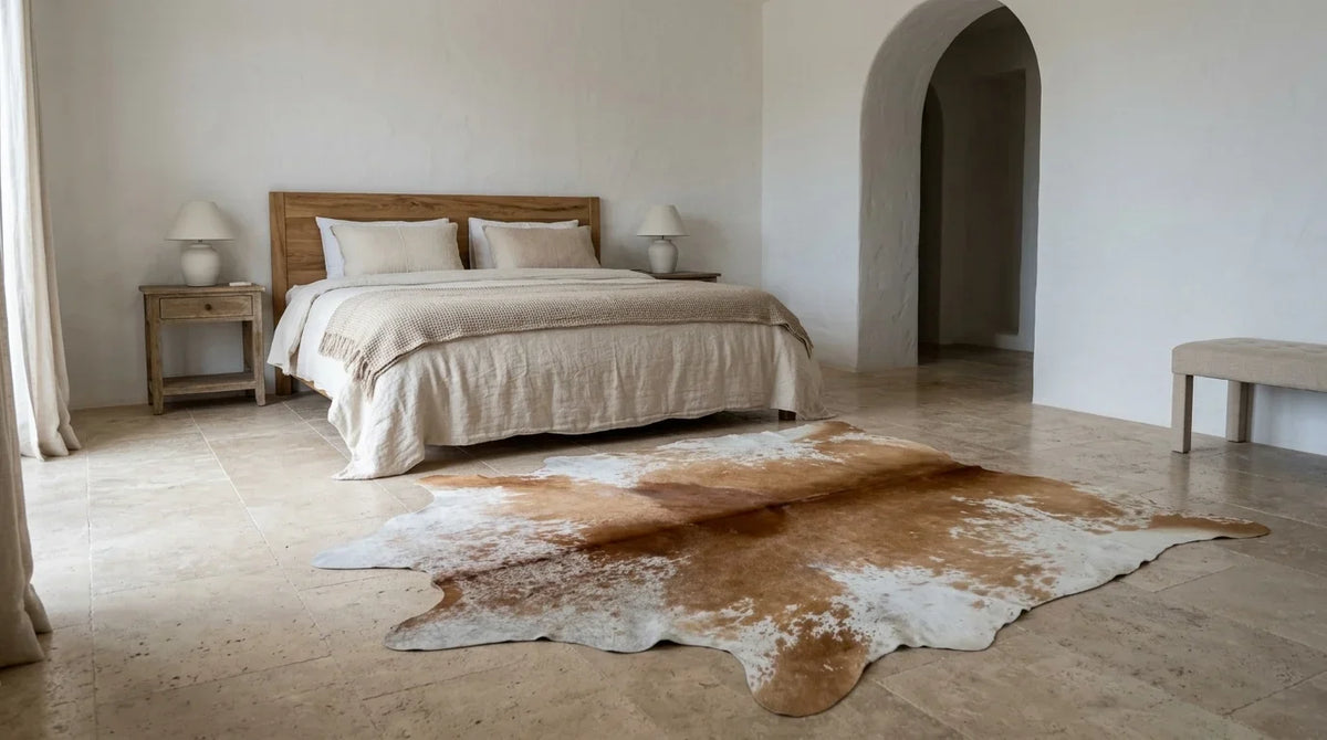 Brown and White cowhide rug beside bed in organic mediterranean bedroom