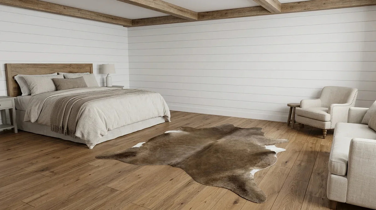 Brown and White cowhide rug beside bed in modern farmhouse bedroom