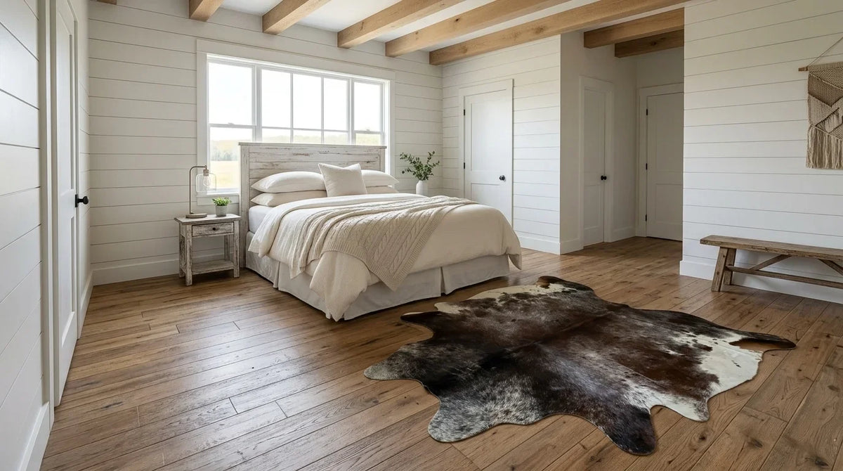 Brown and White cowhide rug beside bed in modern farmhouse bedroom