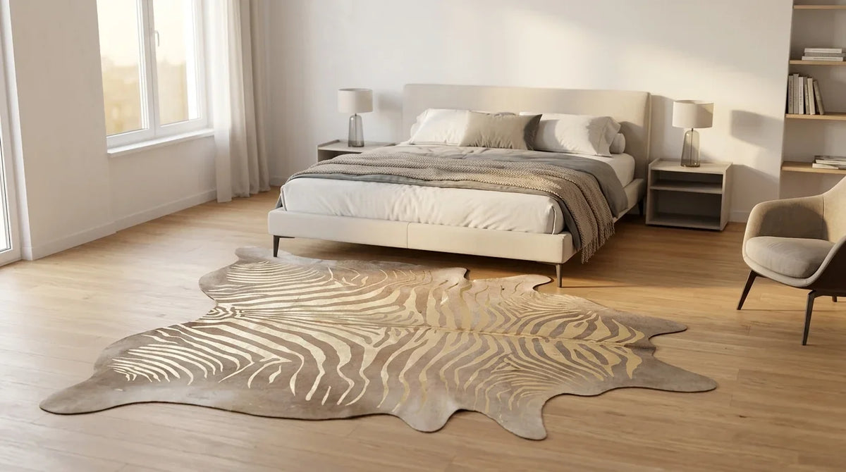 Brown and White cowhide rug beside bed in contemporary european bedroom