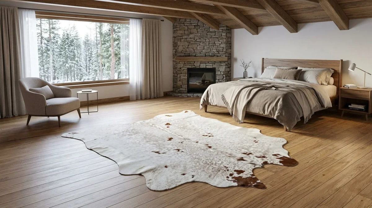 Brown and White cowhide rug beside bed in Modern Chalet bedroom