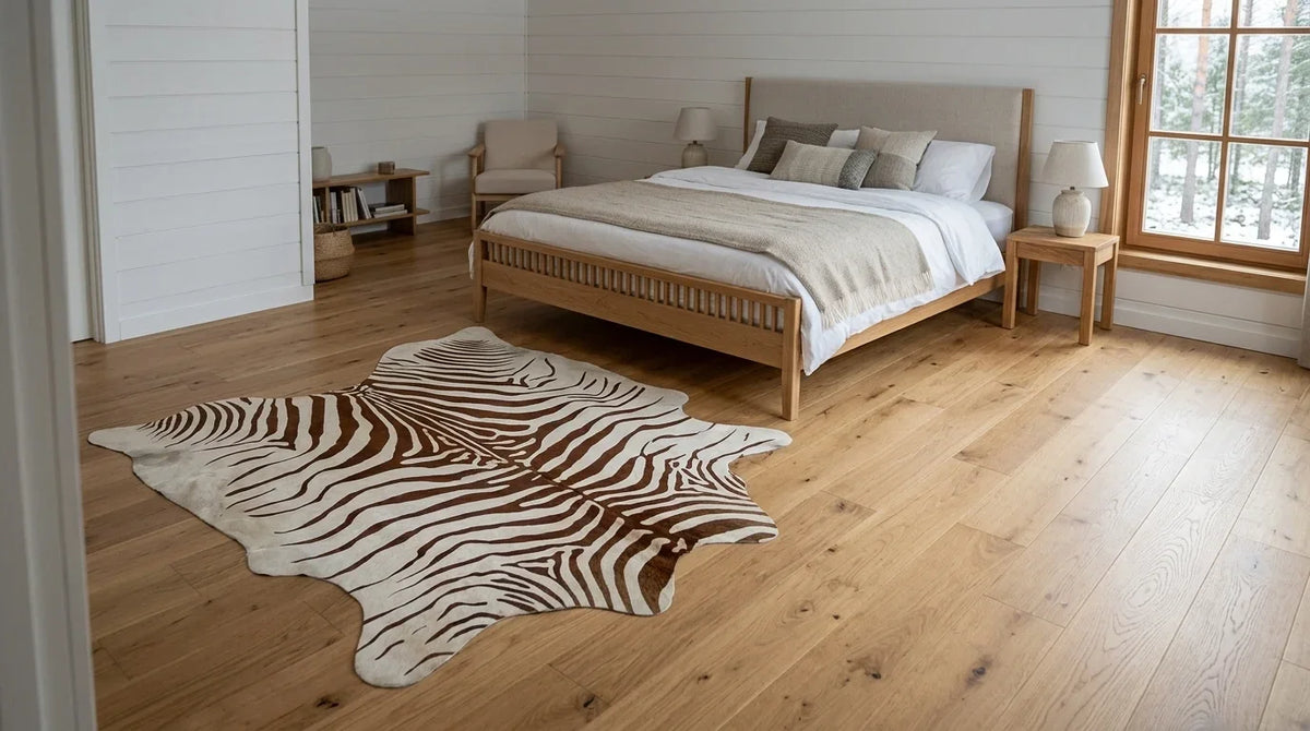 Brown and White cowhide rug beside bed in scandinavian cabin bedroom