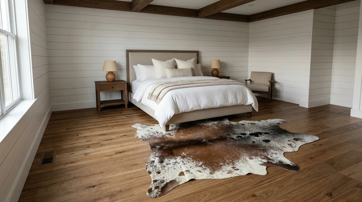 Brown and White cowhide rug beside bed in modern farmhouse bedroom