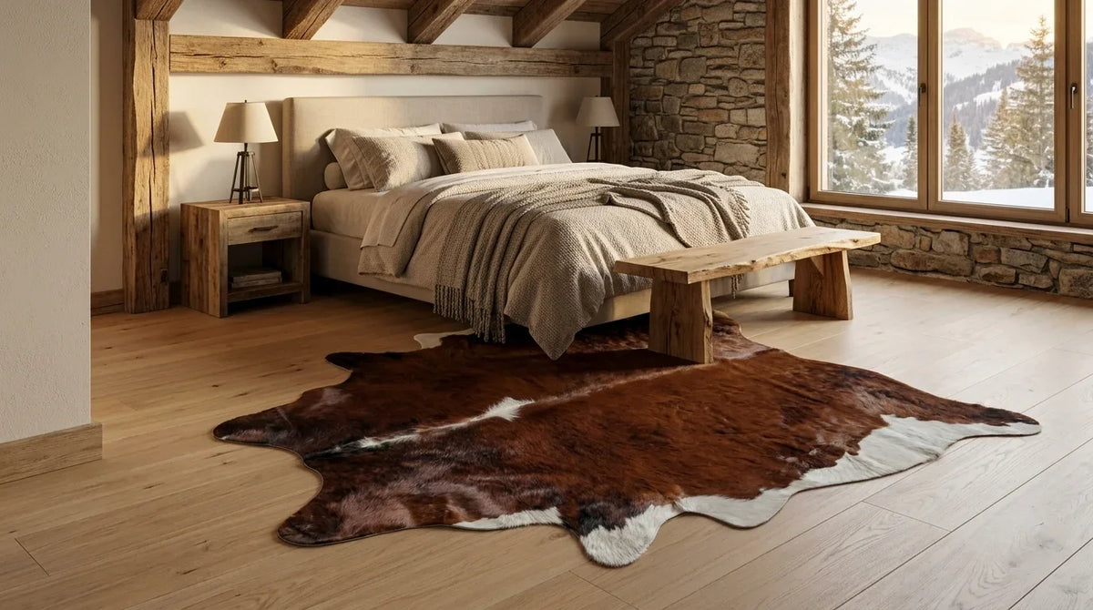 Brown and White cowhide rug beside bed in modern chalet bedroom