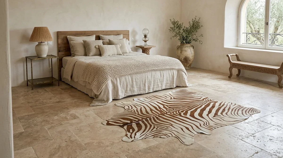 Brown and White cowhide rug beside bed in organic mediterranean bedroom