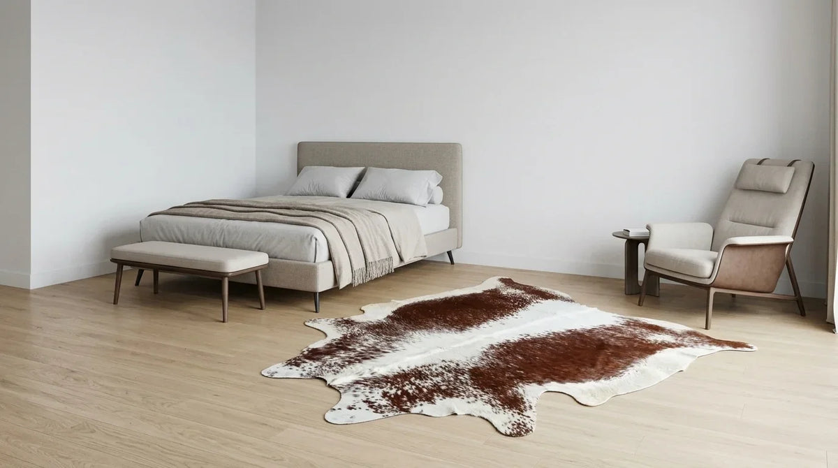 Brown and White cowhide rug beside bed in contemporary european bedroom