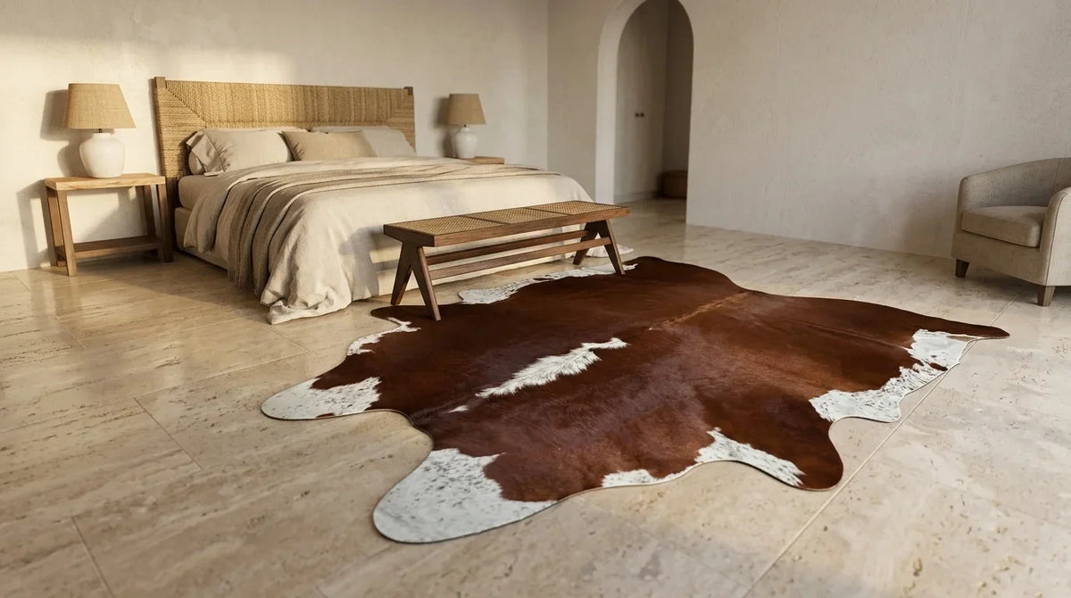 Kuhfell in Braun-Weiß im Schlafzimmer im mediterranen Villenstil