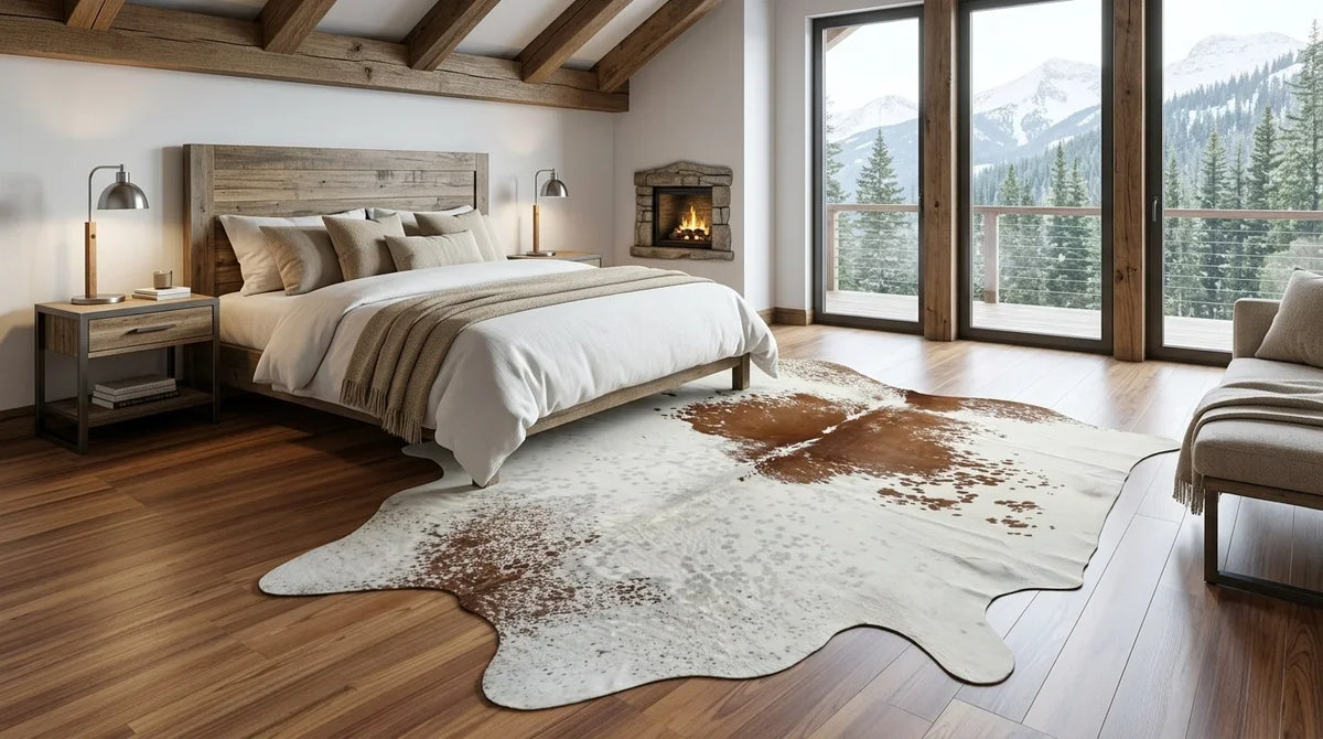 Brown and White cowhide rug beside bed in Modern Chalet bedroom