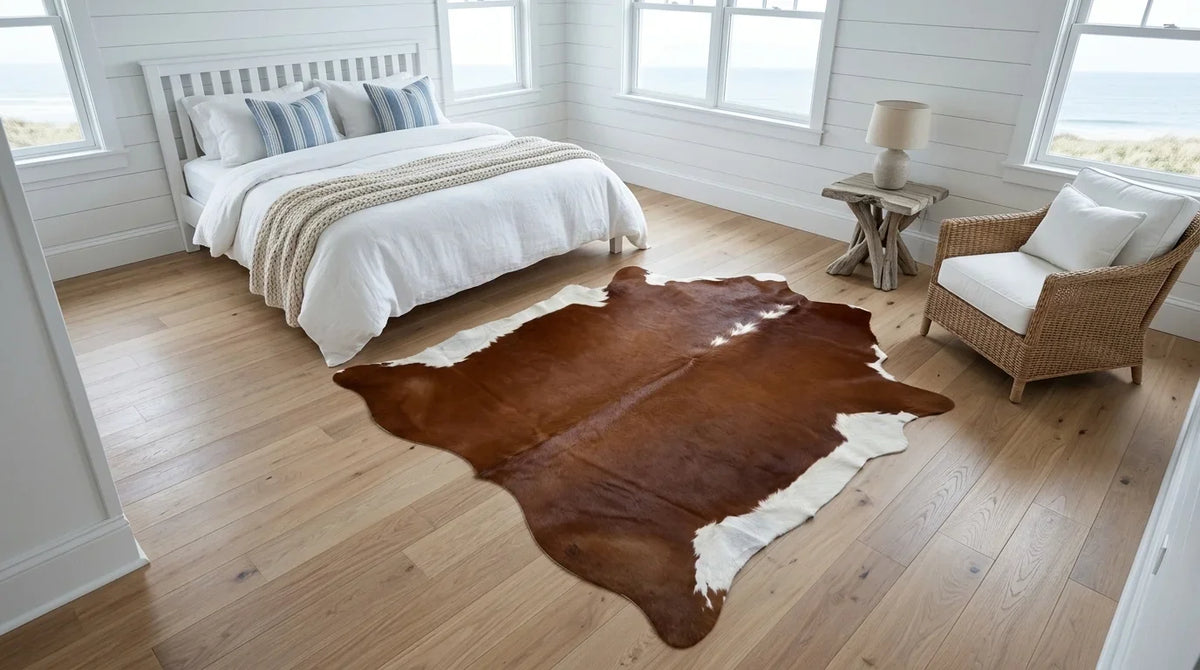 Brown and White cowhide rug beside bed in Hamptons Coastal bedroom