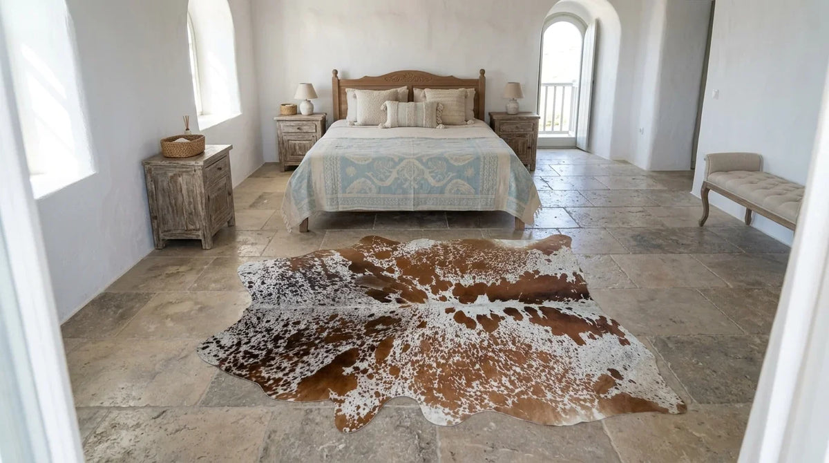 Brown and White cowhide rug beside bed in Organic Mediterranean bedroom