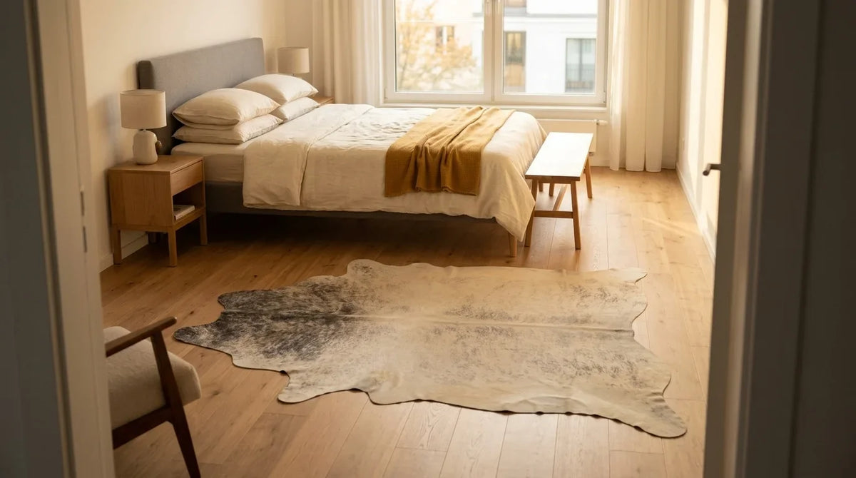 Brown and White cowhide rug beside bed in contemporary european bedroom