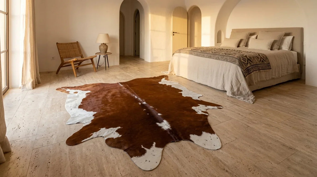 Brown and White cowhide rug beside bed in organic mediterranean bedroom