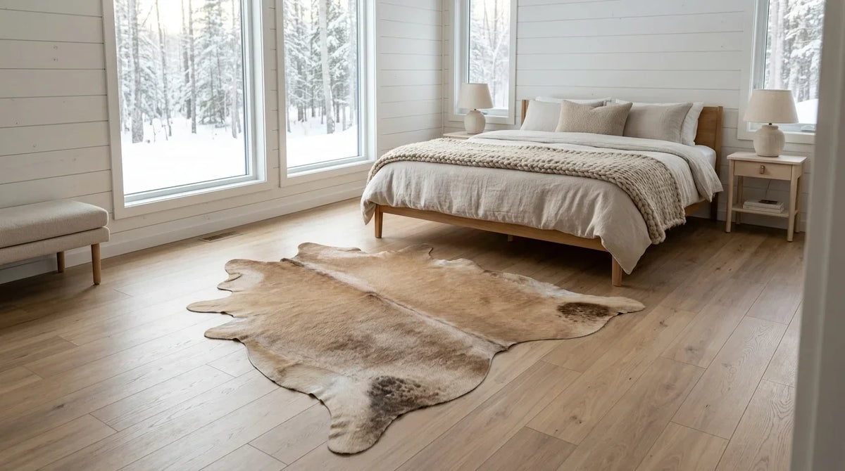 Brown and White cowhide rug beside bed in scandinavian cabin bedroom