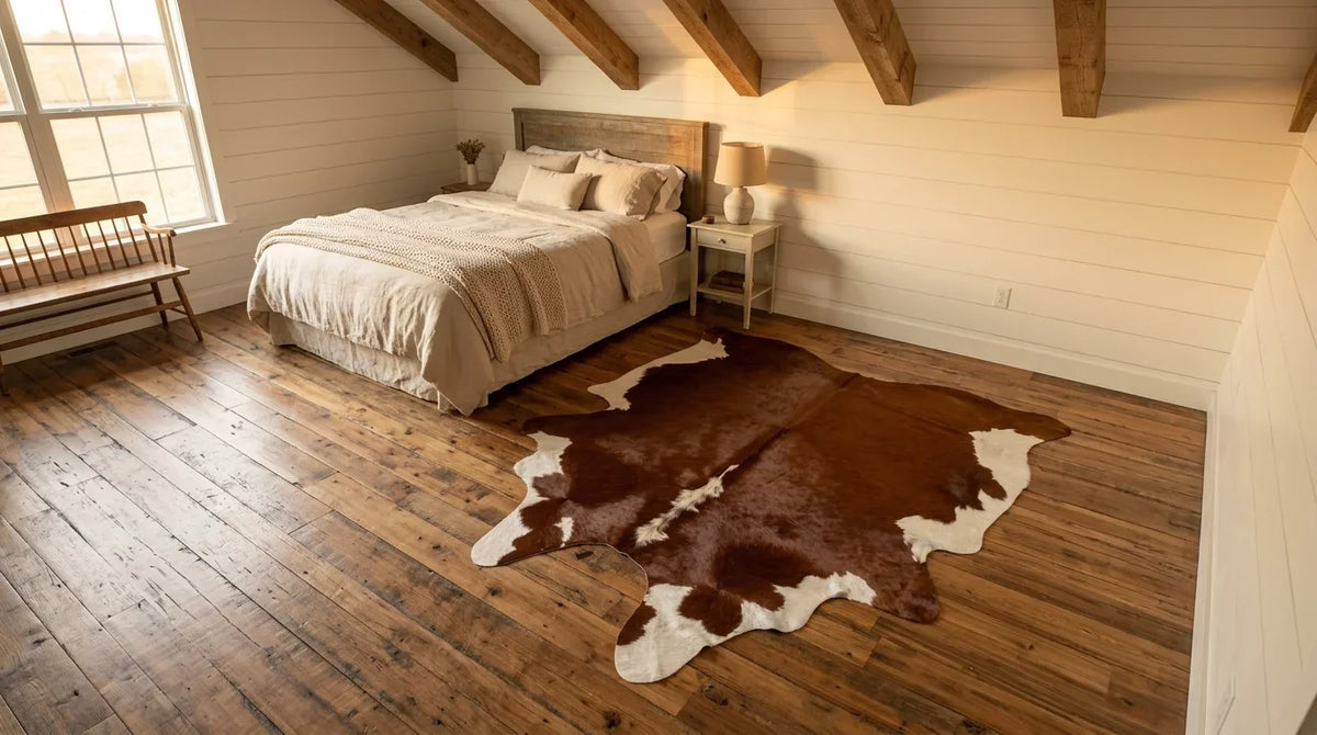 Brown and White cowhide rug beside bed in modern farmhouse bedroom