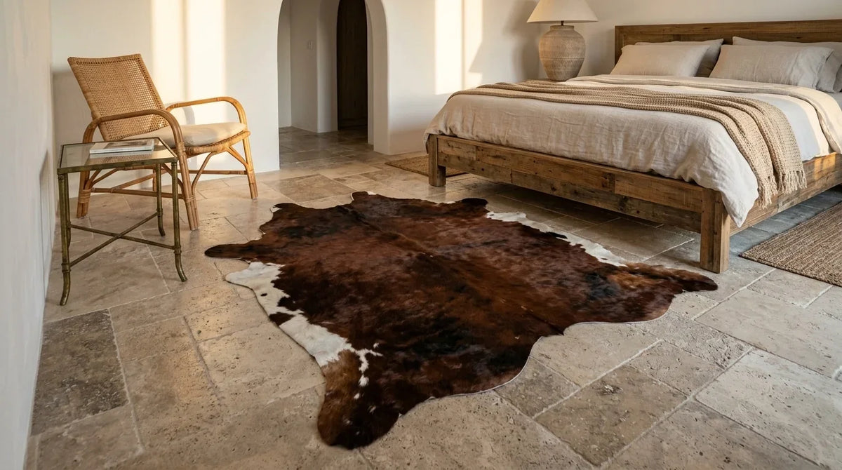 Brown and White cowhide rug beside bed in Organic Mediterranean bedroom