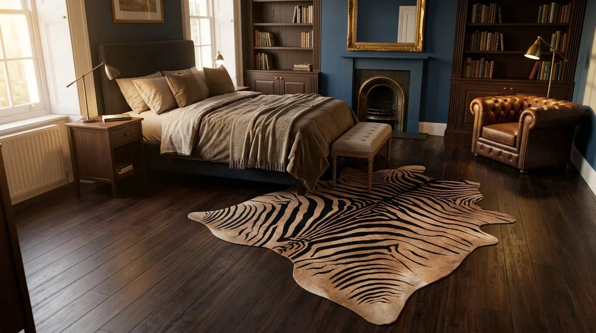 Brown and White cowhide rug beside bed in london townhouse bedroom