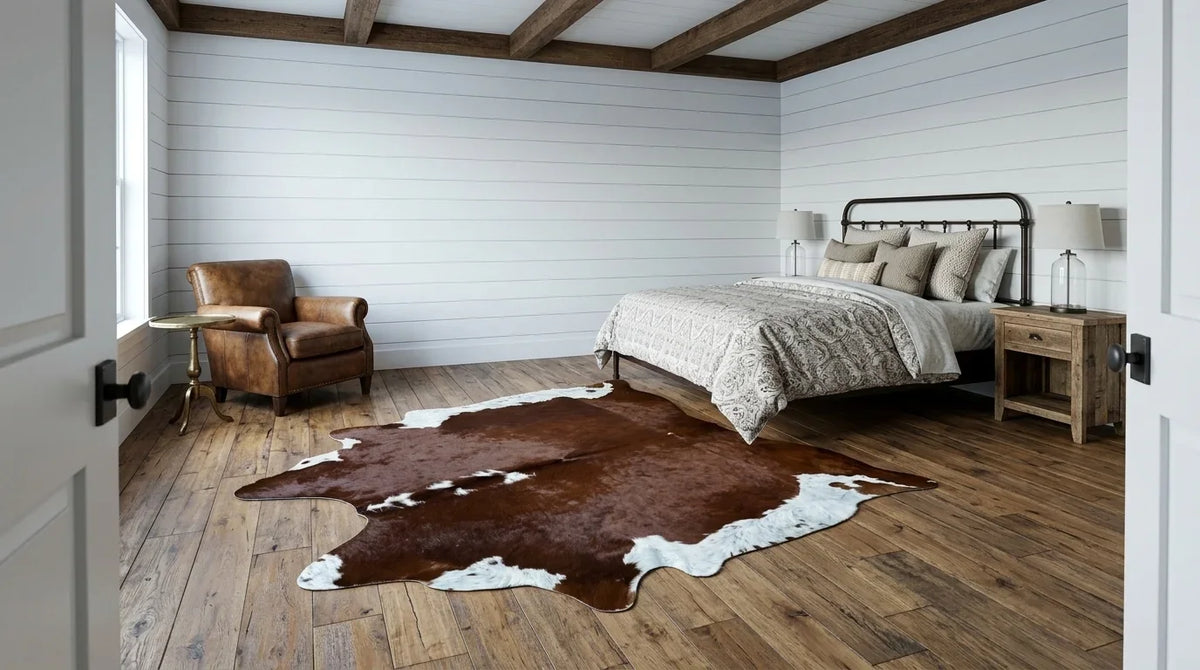 Brown and White cowhide rug beside bed in modern farmhouse bedroom