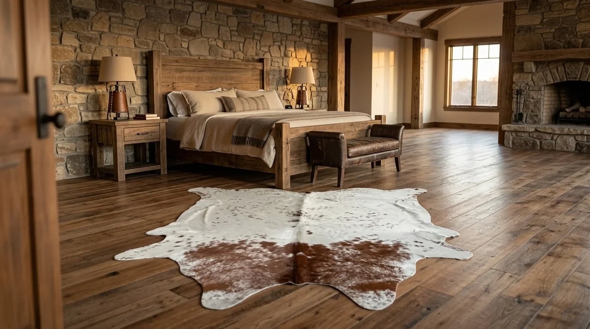 Kuhfell in Braun-Weiß im Schlafzimmer im texanischen Ranchstil