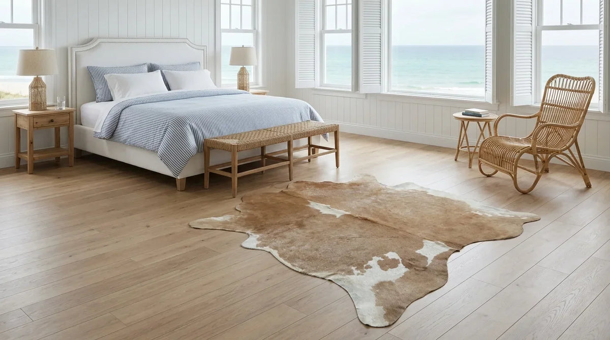 Brown and White cowhide rug beside bed in hamptons coastal bedroom