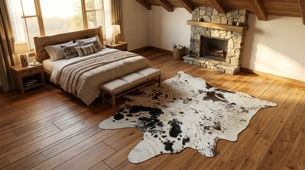 Brown and White cowhide rug beside bed in modern chalet bedroom