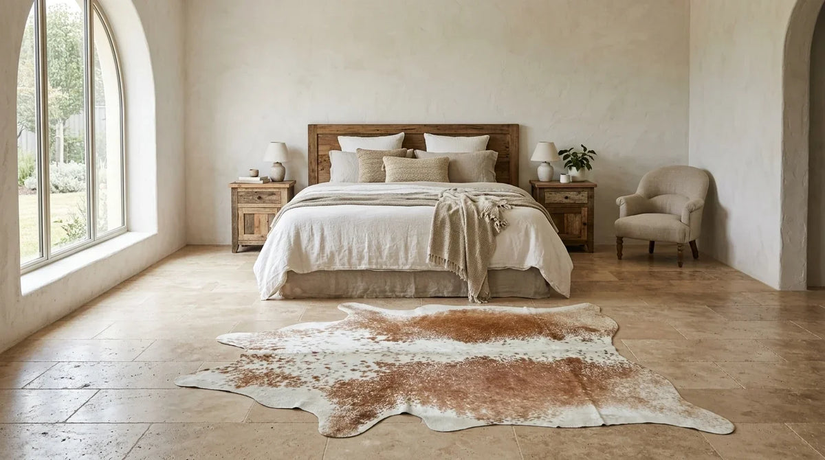 Brown and White cowhide rug beside bed in organic mediterranean bedroom