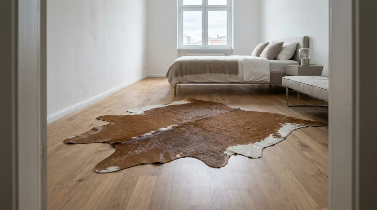 Brown and White cowhide rug beside bed in contemporary european bedroom