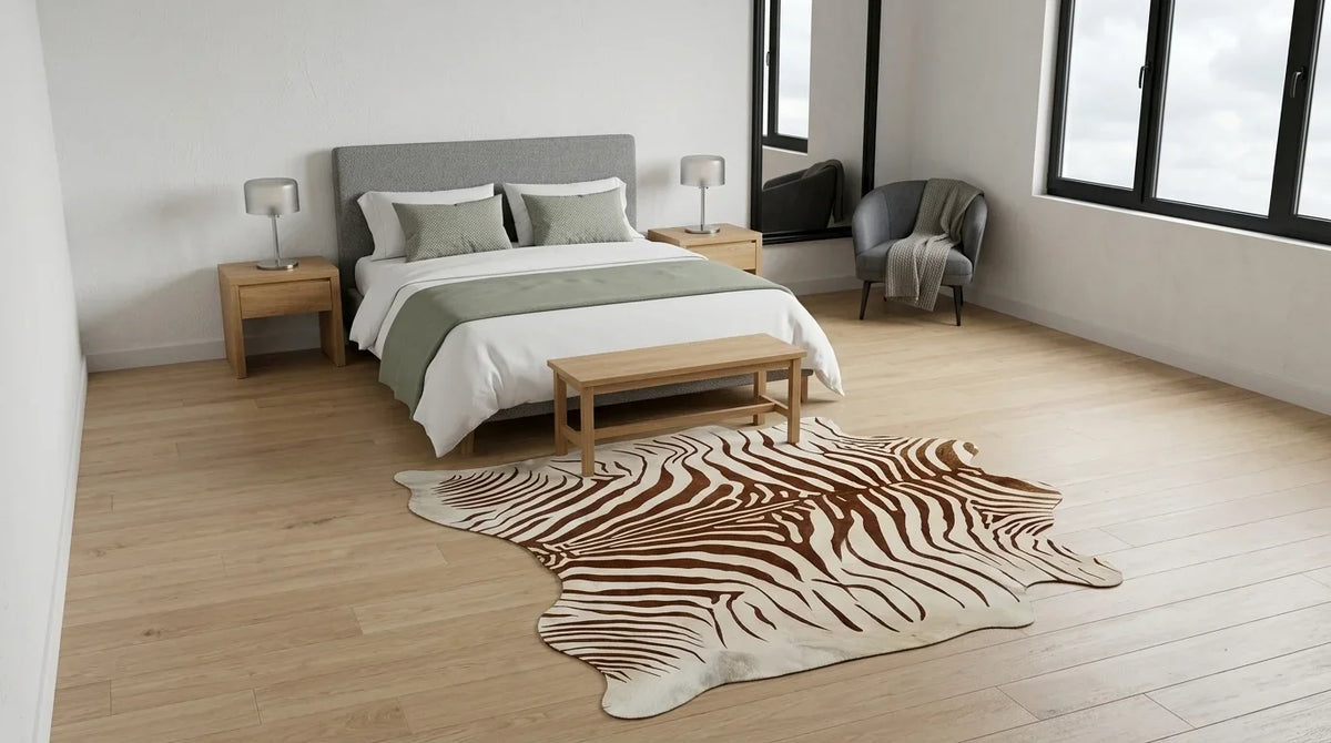 Brown and White cowhide rug beside bed in contemporary european bedroom