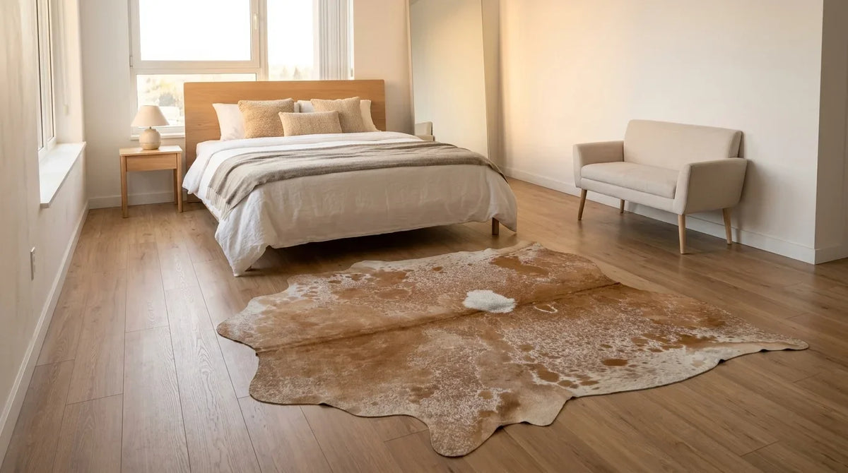Brown and White cowhide rug beside bed in Contemporary European bedroom