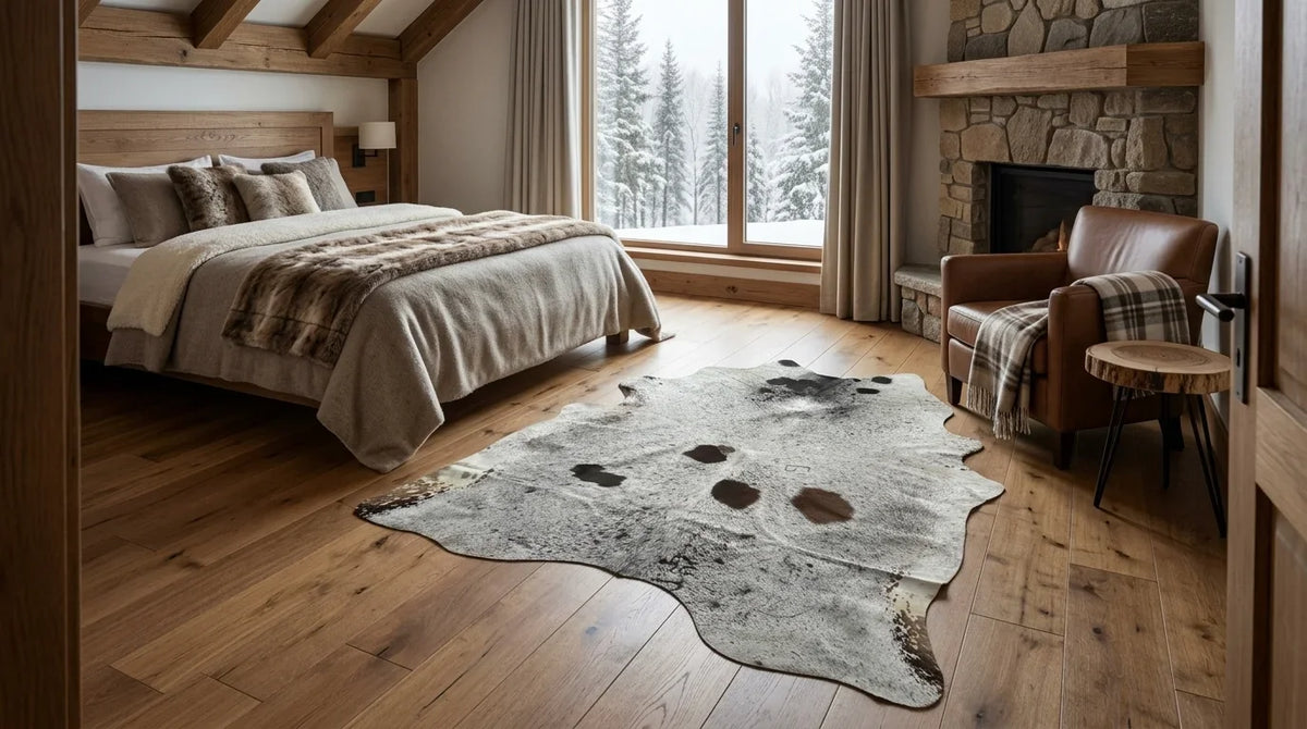 Brown and White cowhide rug beside bed in modern chalet bedroom