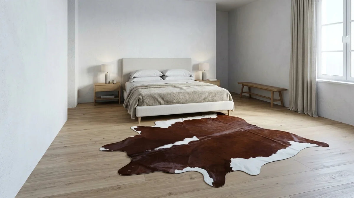 Brown and White cowhide rug beside bed in Contemporary European bedroom