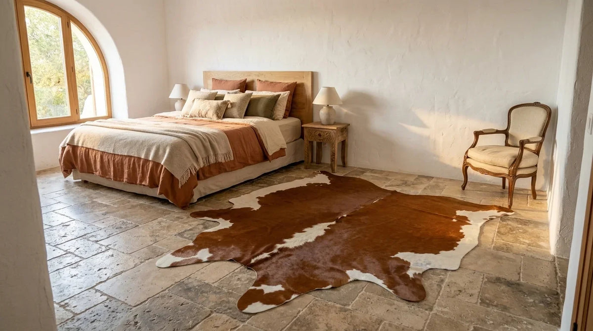 Brown and White cowhide rug beside bed in organic mediterranean bedroom