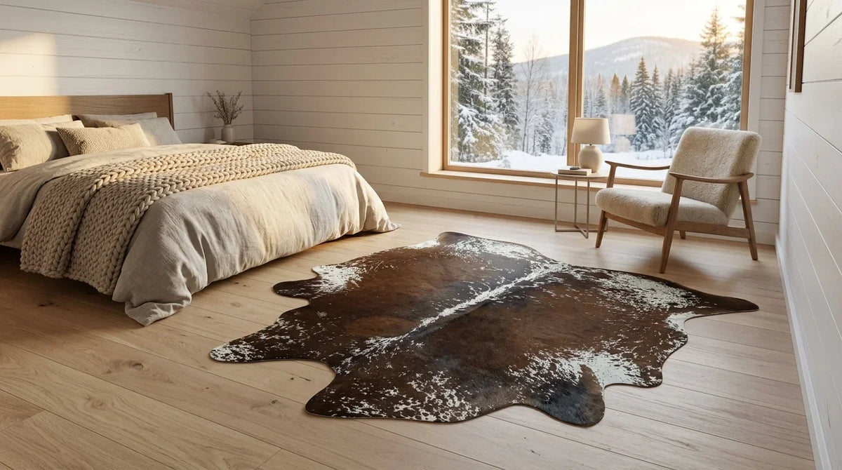 Brown and White cowhide rug beside bed in scandinavian cabin bedroom
