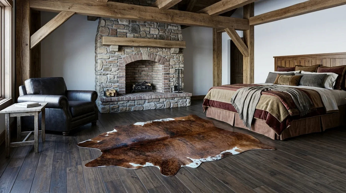 Brown and White cowhide rug beside bed in texas ranch bedroom