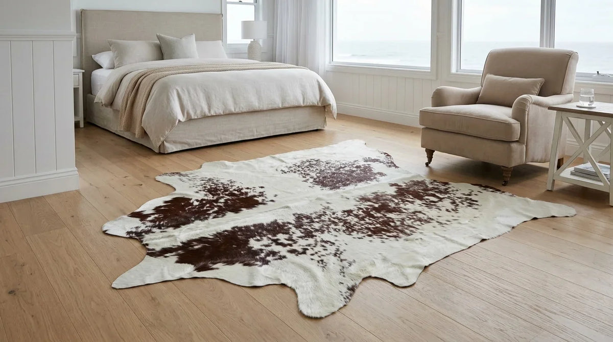 Brown and White cowhide rug beside bed in hamptons coastal bedroom