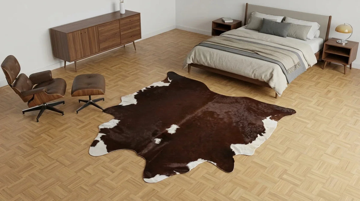 Brown and White cowhide rug beside bed in Midcentury Modern bedroom