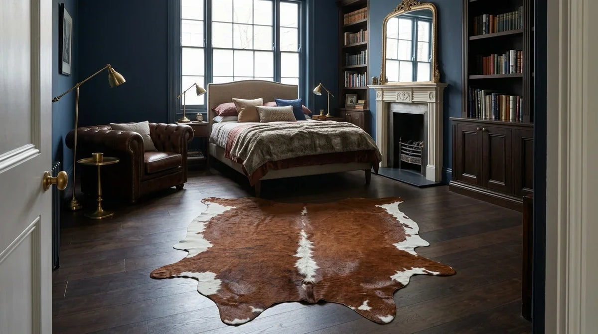 Brown and White cowhide rug beside bed in london townhouse bedroom