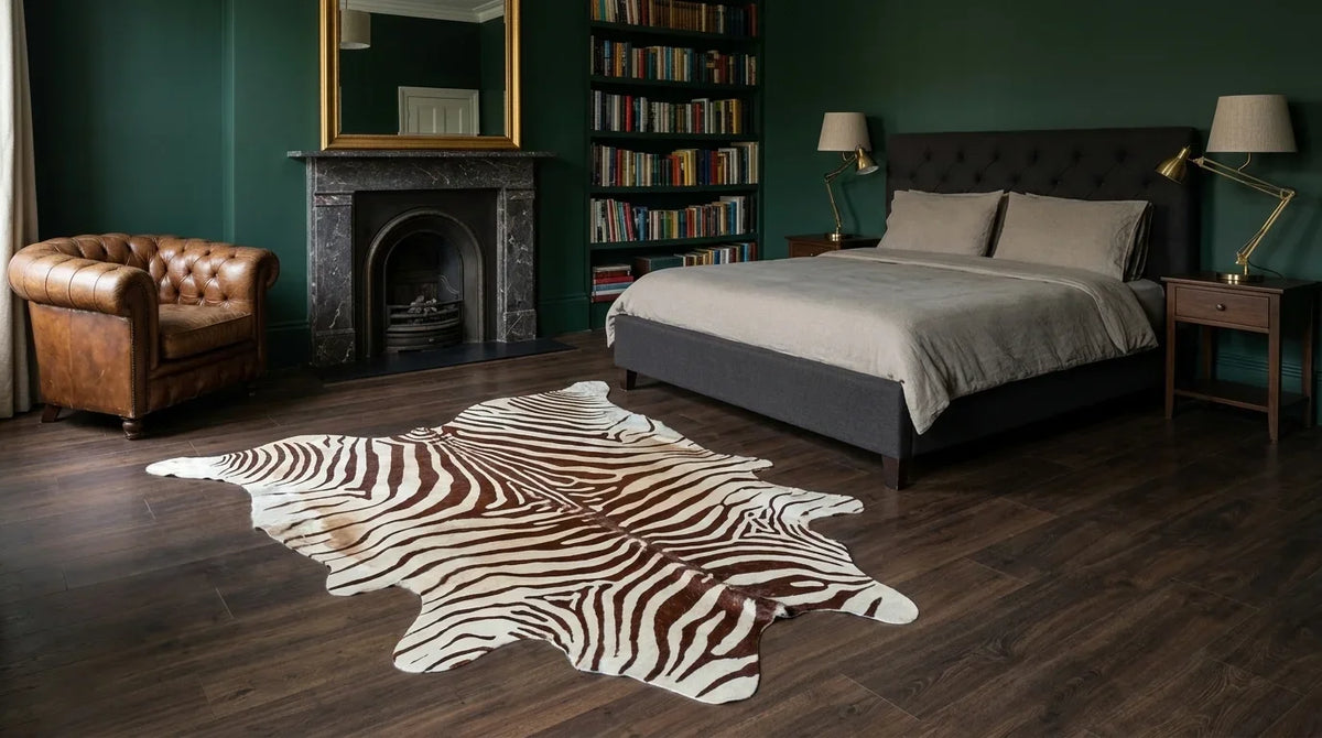 Brown and White cowhide rug beside bed in london townhouse bedroom