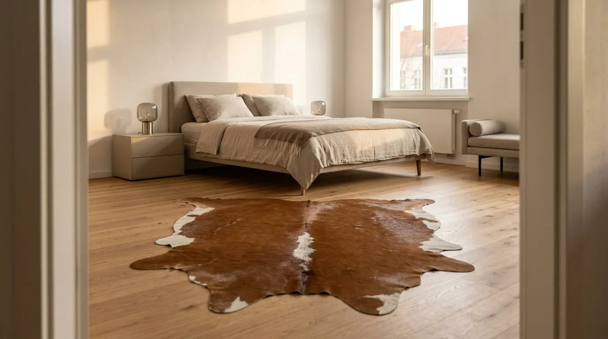 Brown and White cowhide rug beside bed in contemporary european bedroom
