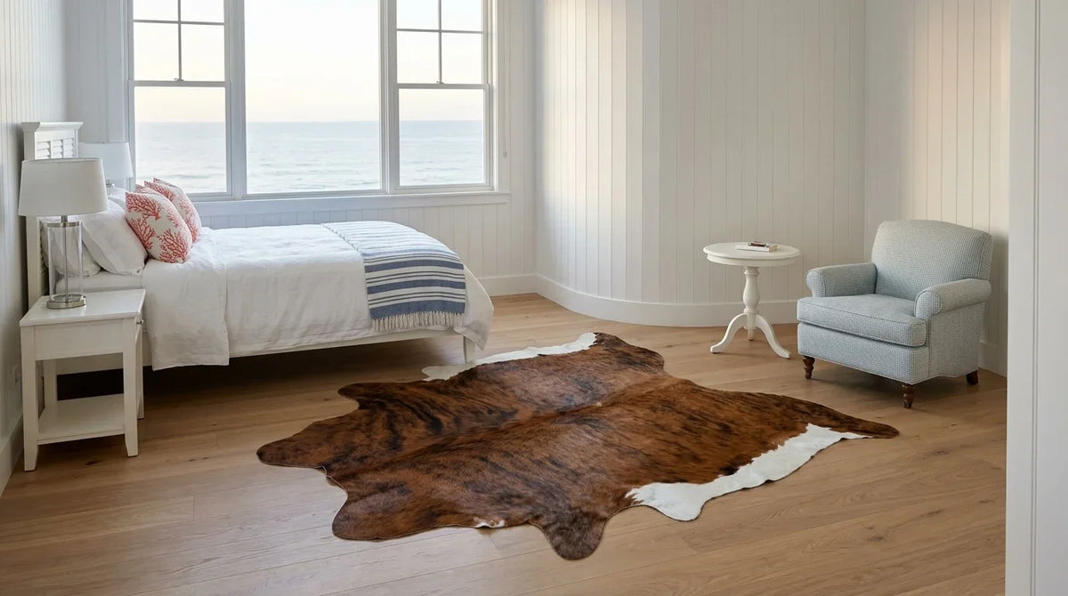 Brown and White cowhide rug beside bed in hamptons coastal bedroom
