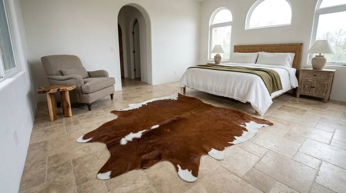 Brown and White cowhide rug beside bed in organic mediterranean bedroom