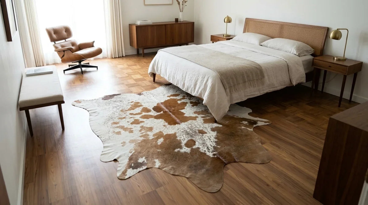 Kuhfell in Braun-Weiß im Schlafzimmer im Mid-Century-Stil