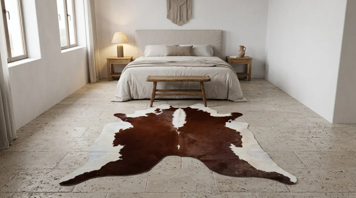 Brown and White cowhide rug beside bed in organic mediterranean bedroom