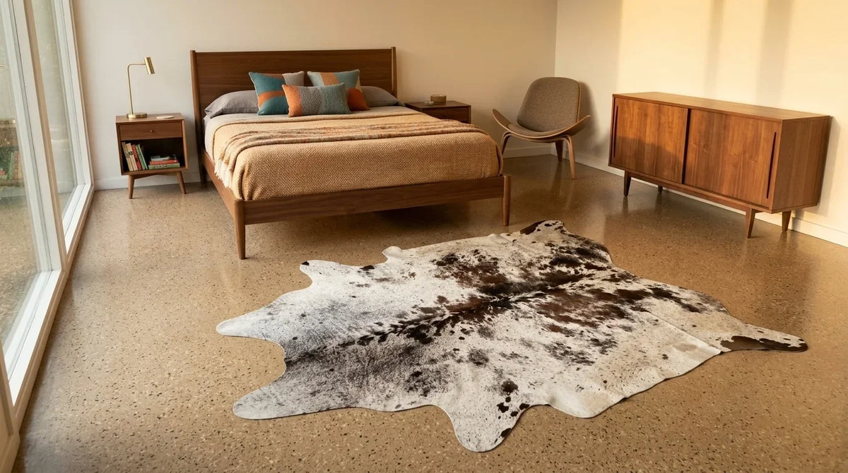 Brown and White cowhide rug beside bed in Midcentury Modern bedroom